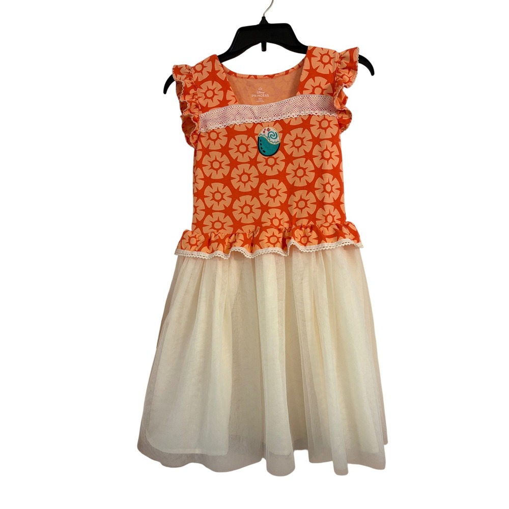 Disney Princess Moana Dress Girls Large 10/12 Orange Tulle Flutter Sleeve Lace